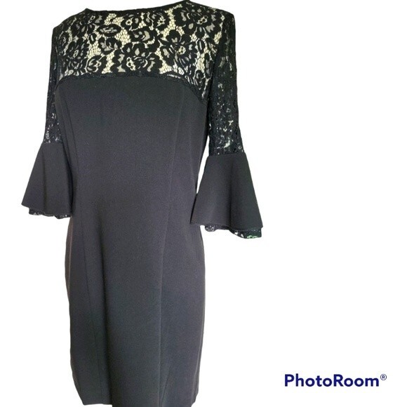 Hope & Harlow Sheath Black Lace Dress W Bell Sleeves -  10 - Picture 1 of 12